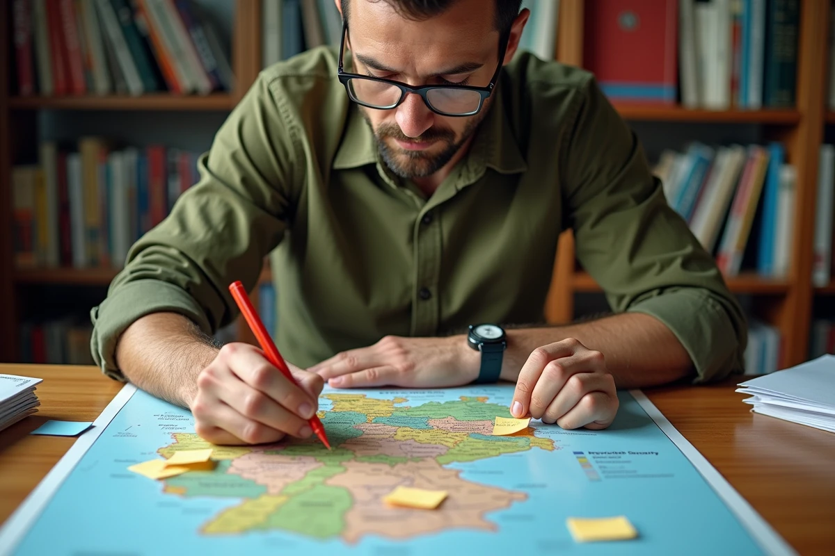 Enseignant préparant son cours avec une carte pédagogique de l'Allemagne posée sur son bureau