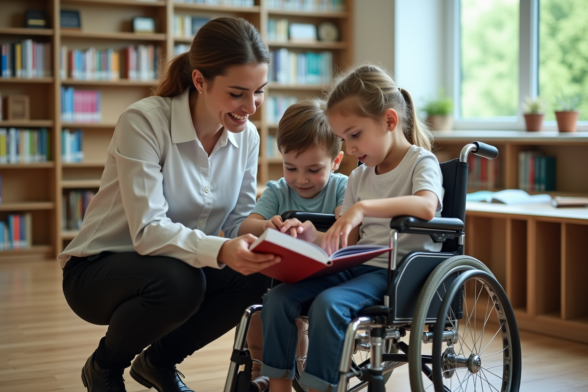 Professeure aidant un élève en fauteuil et une élève avec aide auditive