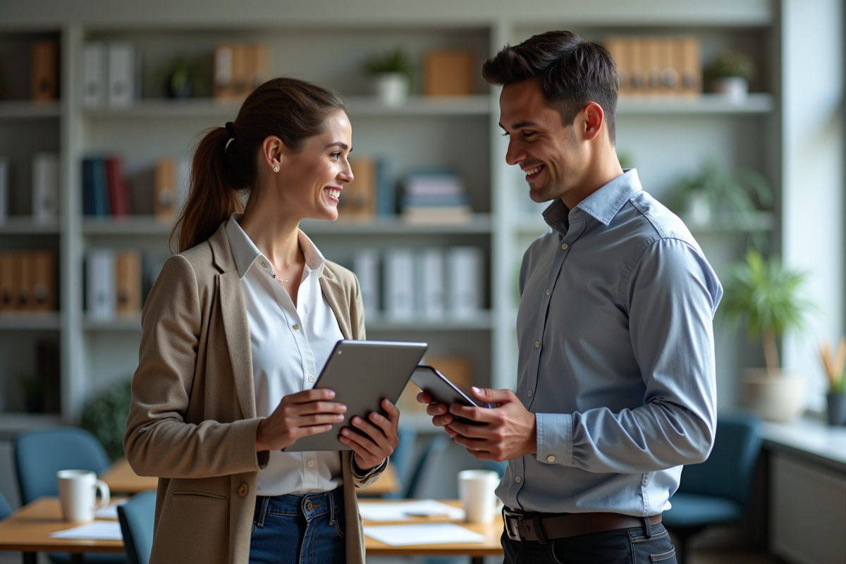 Deux enseignants avec tablettes dans un bureau scolaire