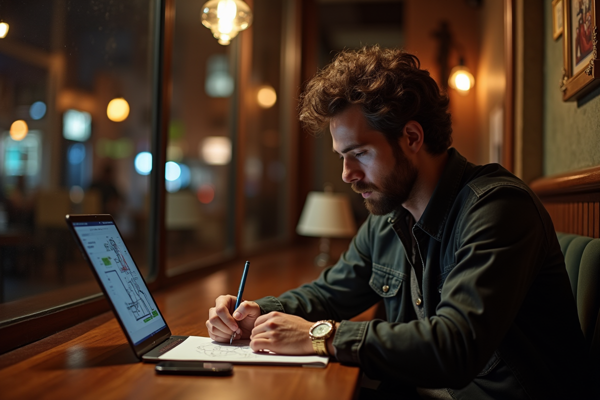 Entrepreneur créatif esquissant des idées dans un café chaleureux la nuit