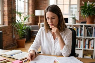 Femme entrepreneur réfléchissant aux questions clés avant de lancer sa société, assise dans un espace de coworking avec des notes et un carnet ouvert