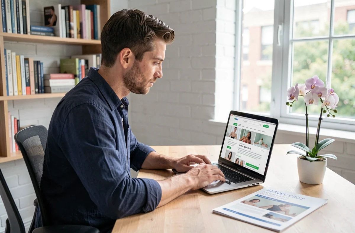 Entrepreneur bien-être rédigeant une annonce de service massage sur ordinateur portable dans un bureau minimaliste