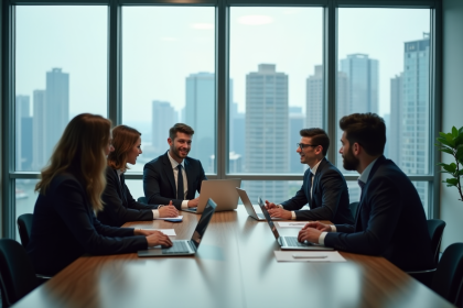 Groupe de professionnels en réunion d'affaires en haut de bureau