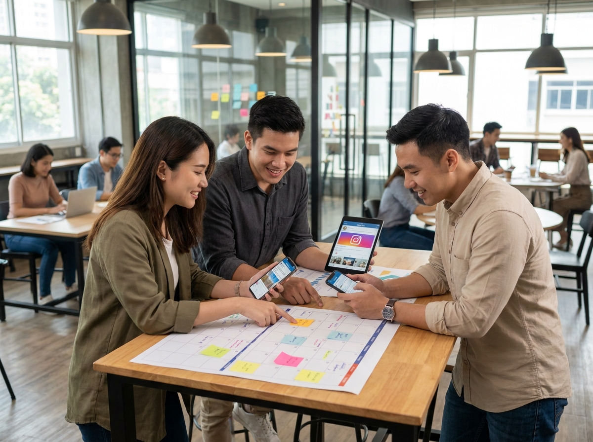 Équipe marketing en réunion de stratégie réseaux sociaux autour d'une table de co-working avec calendriers de contenu