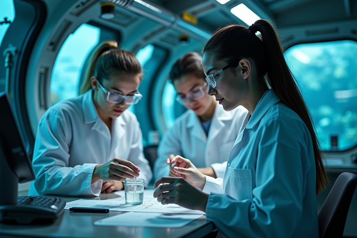 Groupe de scientifiques dans un laboratoire sous-marin moderne