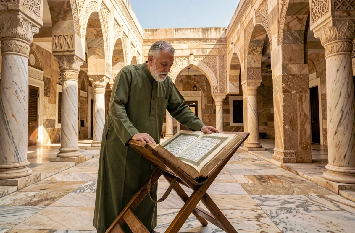 Érudit étudiant le Muwatta de l'imam Malik dans la cour d'une mosquée historique à Médine, entouré de colonnes sculptées et de marbre ancien