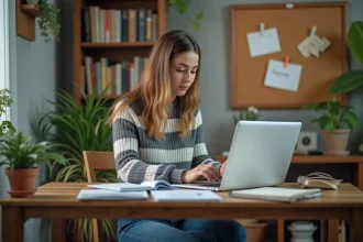Jeune étudiante étudiant ses documents d'assurance dans son appartement