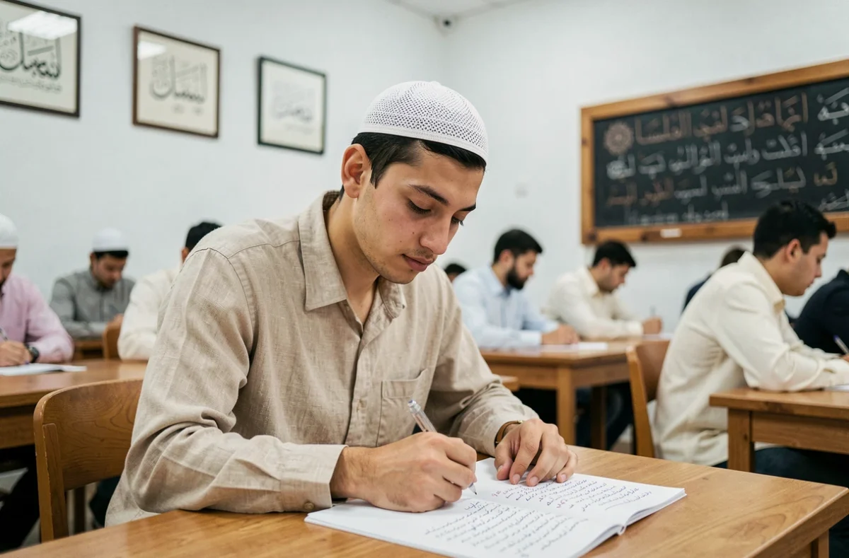 Jeune étudiant en sciences islamiques annotant un texte arabe classique dans une salle de cours moderne, illustrant la transmission vivante du fiqh malikite