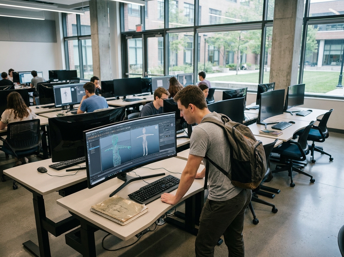 Étudiant en design de jeux vidéo travaillant sur un logiciel de modélisation 3D dans un laboratoire universitaire
