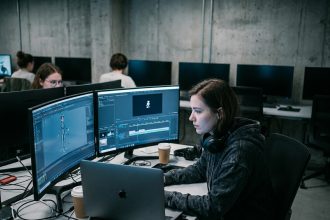 Étudiante en animation 3D travaillant sur un logiciel de rigging de personnages dans une salle de formation spécialisée