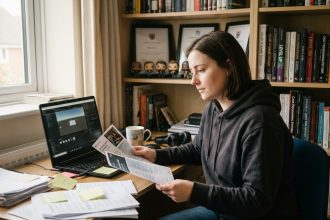 Étudiante comparant des brochures de formations en création de jeux vidéo à son bureau