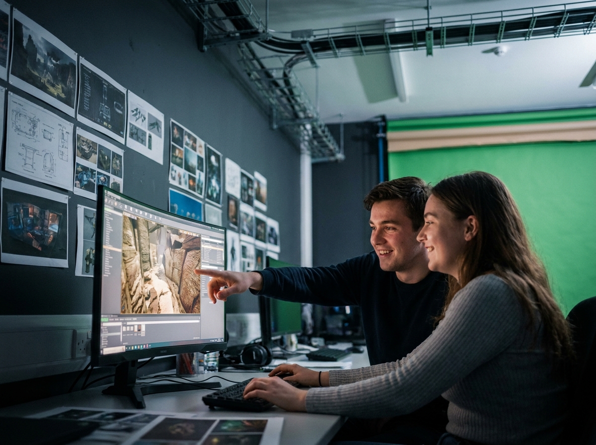 Deux étudiants collaborant sur un projet de modélisation 3D en temps réel dans un laboratoire VFX professionnel