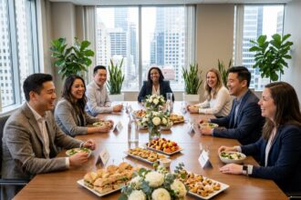 Groupe de collègues souriants autour d'une table décorée lors d'un événement d'entreprise convivial en bureau moderne
