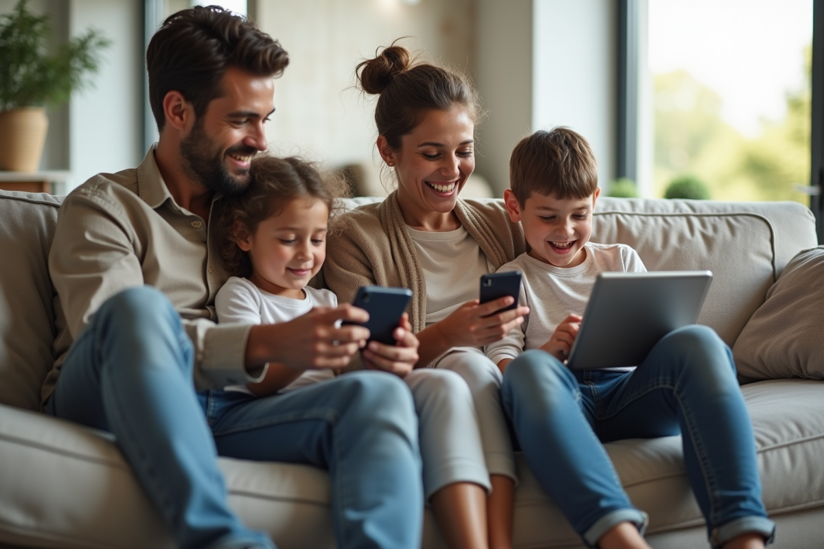 Famille moderne utilisant des appareils dans un salon lumineux