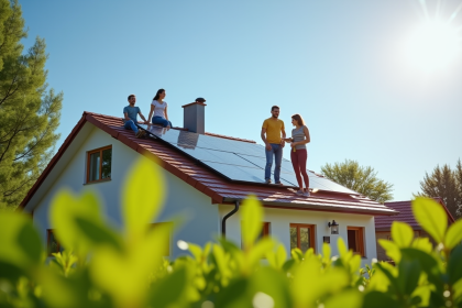 Famille moderne installant des panneaux solaires sur le toit