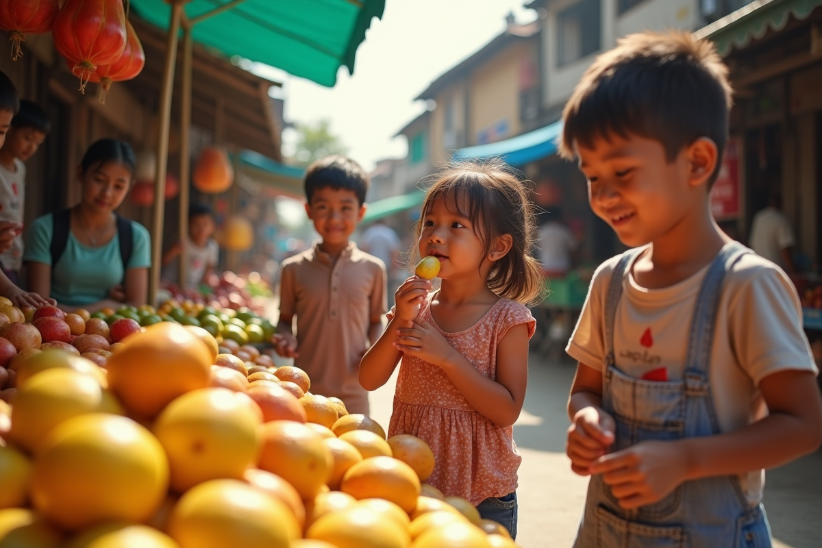 Famille explorant un marché coloré en Asie du Sud-Est