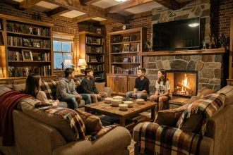 Famille réunie sur un canapé dans un salon cosy pour regarder Le Hobbit ensemble lors d'une soirée cinéma