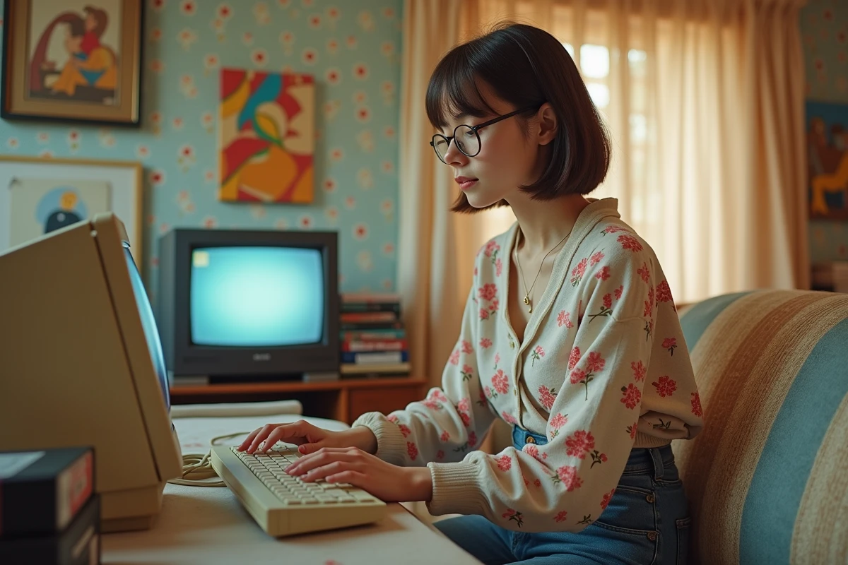 Jeune femme utilisant un ordinateur vintage dans un salon