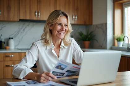 Femme souriante compare brochures immobilières dans la cuisine
