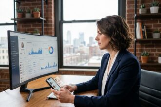 Femme professionnelle analysant des statistiques de réseaux sociaux sur ordinateur dans un bureau moderne pour booster sa marque