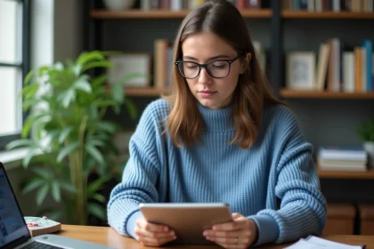 Jeune femme analysant des statistiques sur un tablet dans un bureau moderne