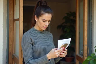 Femme frustrée tenant un avis de passage GLS devant sa porte en attendant un colis non livré