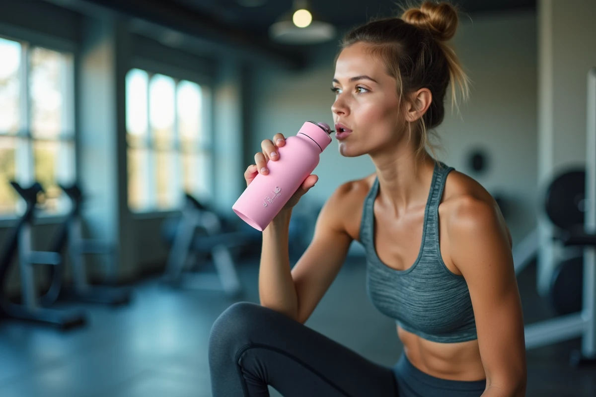 Jeune femme buvant dans une bouteille Air Up Inoxtag dans une salle de sport moderne