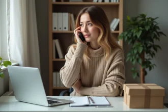 Femme au bureau avec smartphone dans un intérieur cosy