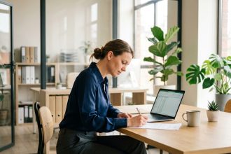 Femme en bureau moderne travaillant sur documents et ordinateur
