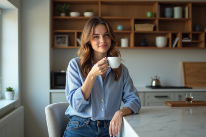 Jeune femme buvant un café dans sa cuisine moderne