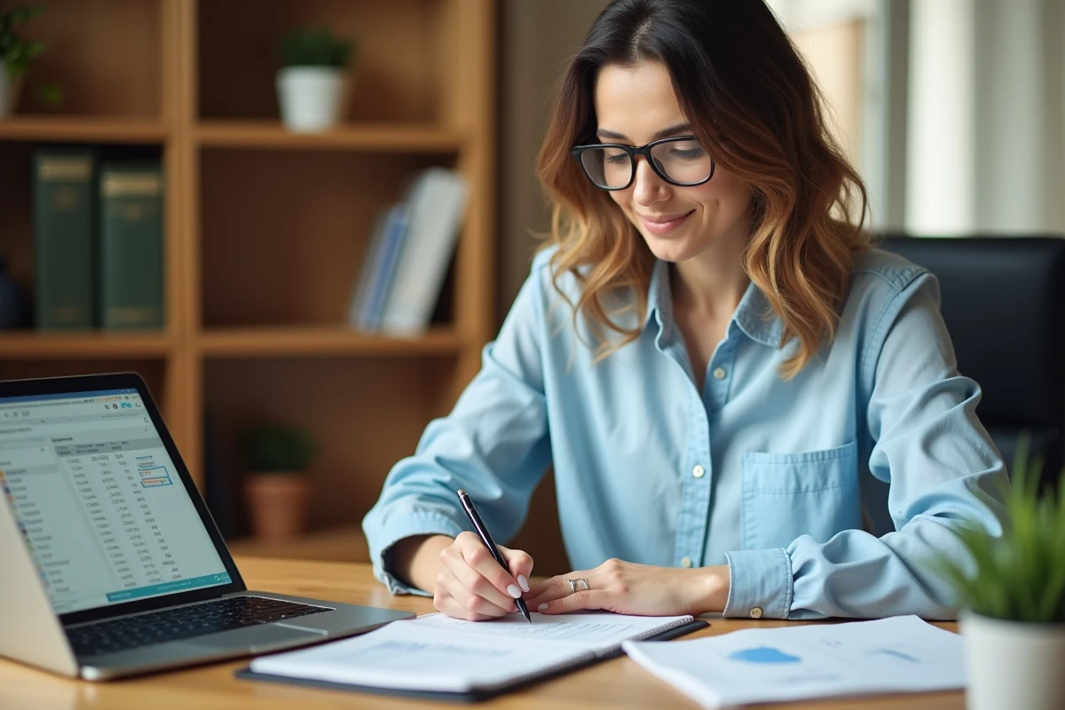 Femme calculant la conversion d'hectares en mètres carrés dans un bureau à domicile avec un cahier et un ordinateur