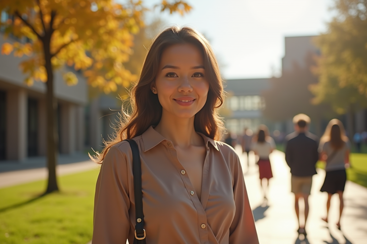 Jeune femme debout sur le campus universitaire en plein air