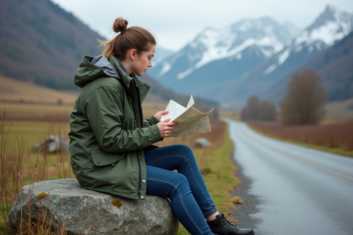 Jeune femme avec carte dans un paysage rural au printemps