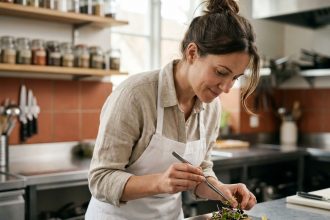 Femme cheffe cuisinière dressant une assiette gastronomique dans une cuisine professionnelle moderne, reconversion professionnelle en cuisine en 2026