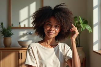 Jeune femme noire détangle ses cheveux crépus naturels