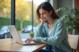 Jeune femme compare offres d'assurance auto sur son ordinateur