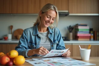 Femme souriante triant coupons et cartes de fidélité à la maison