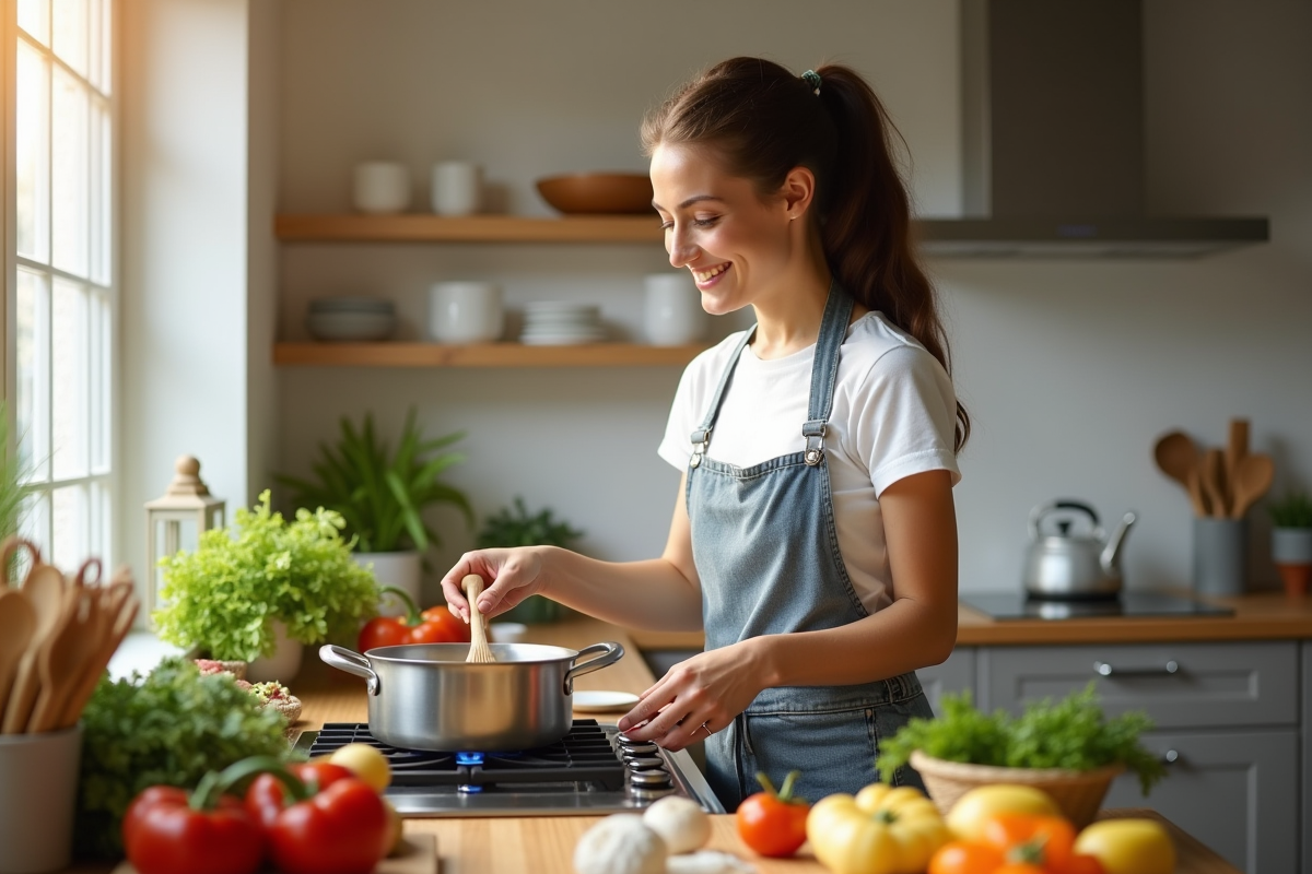 Femme en cuisine moderne préparant un plat avec sourire