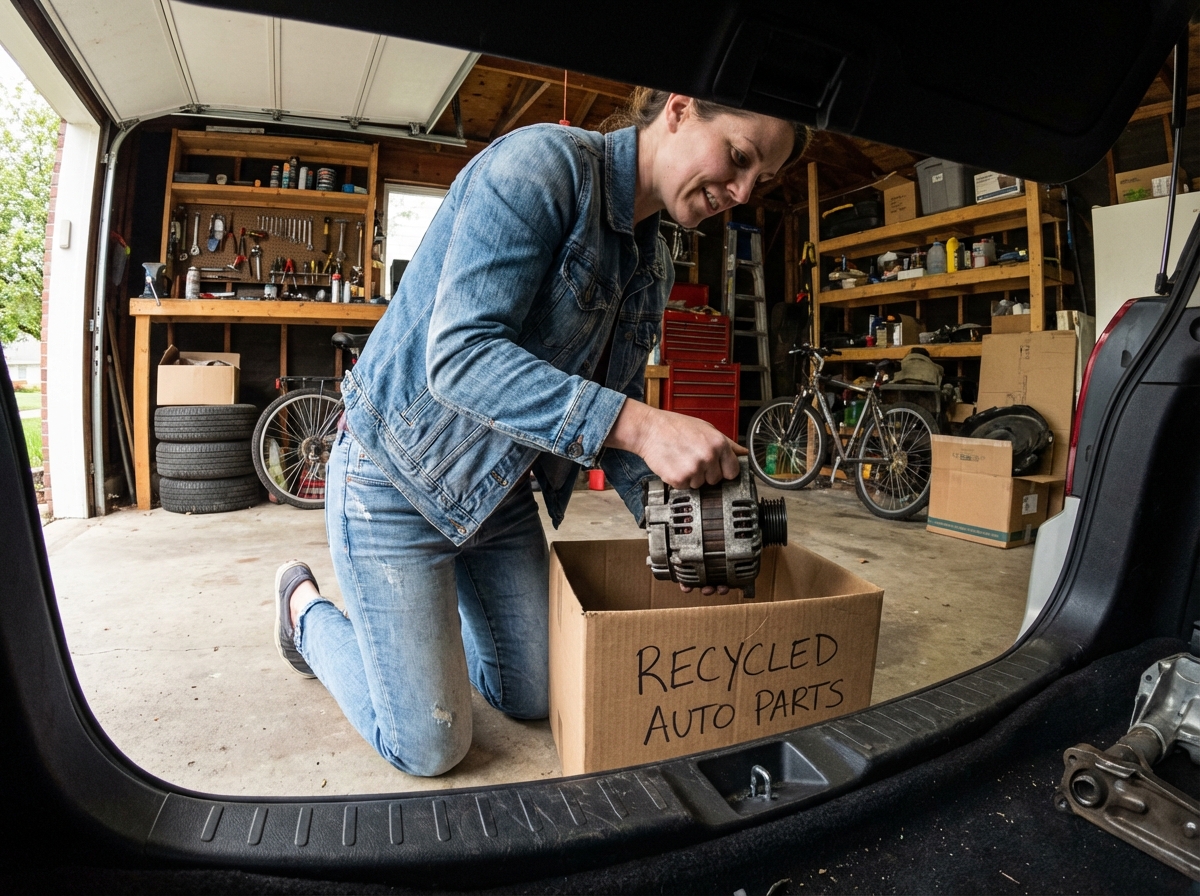 Jeune femme déballant des pièces auto dans un garage avec voiture ouverte