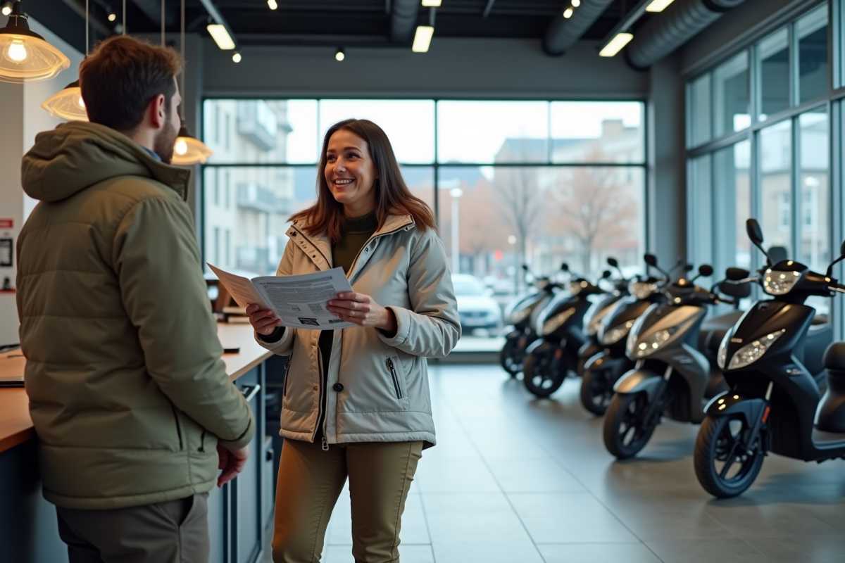 Femme parle avec vendeur dans showroom moto