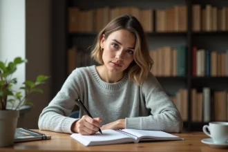 Femme concentrée écrivant dans un cahier avec un livre de grammaire française ouvert sur son bureau en bois