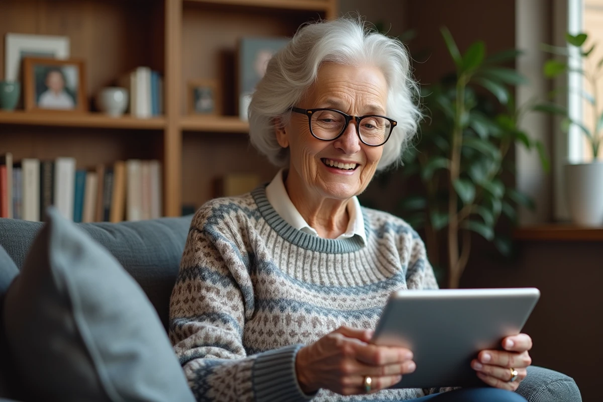 Femme âgée en intérieur en train de discuter avec une tablette