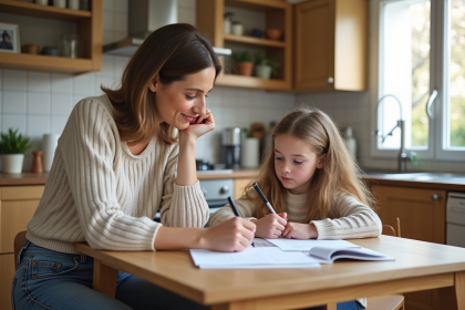 Femme et fille discutant autour de papiers dans une cuisine lumineuse