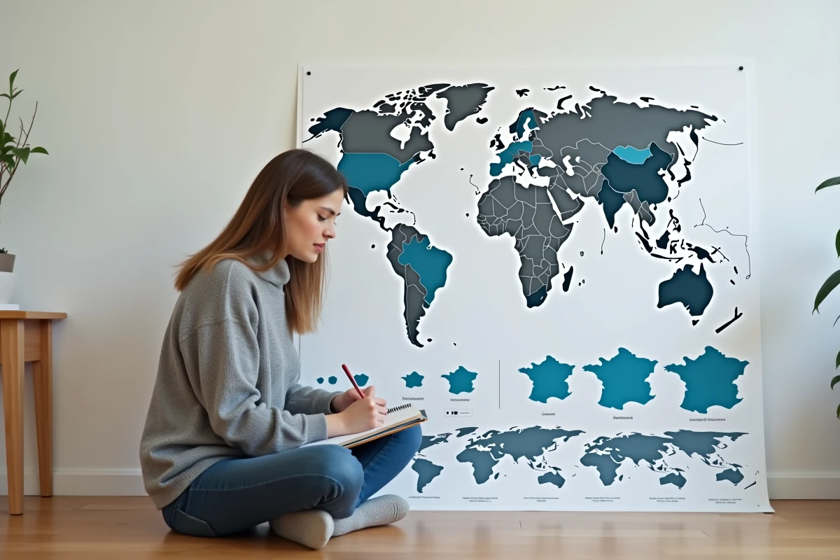 Jeune femme étudiant une infographie comparant la superficie des plus grands pays du monde dont la France