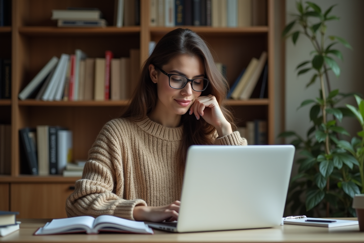 Jeune femme recherchant la définition de AEL sur son ordinateur