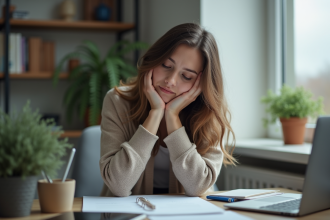 Femme fatiguée assise à son bureau à la maison