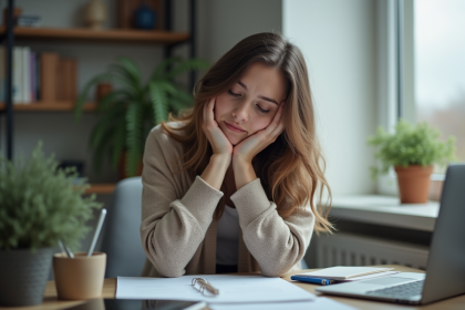 Femme fatiguée assise à son bureau à la maison