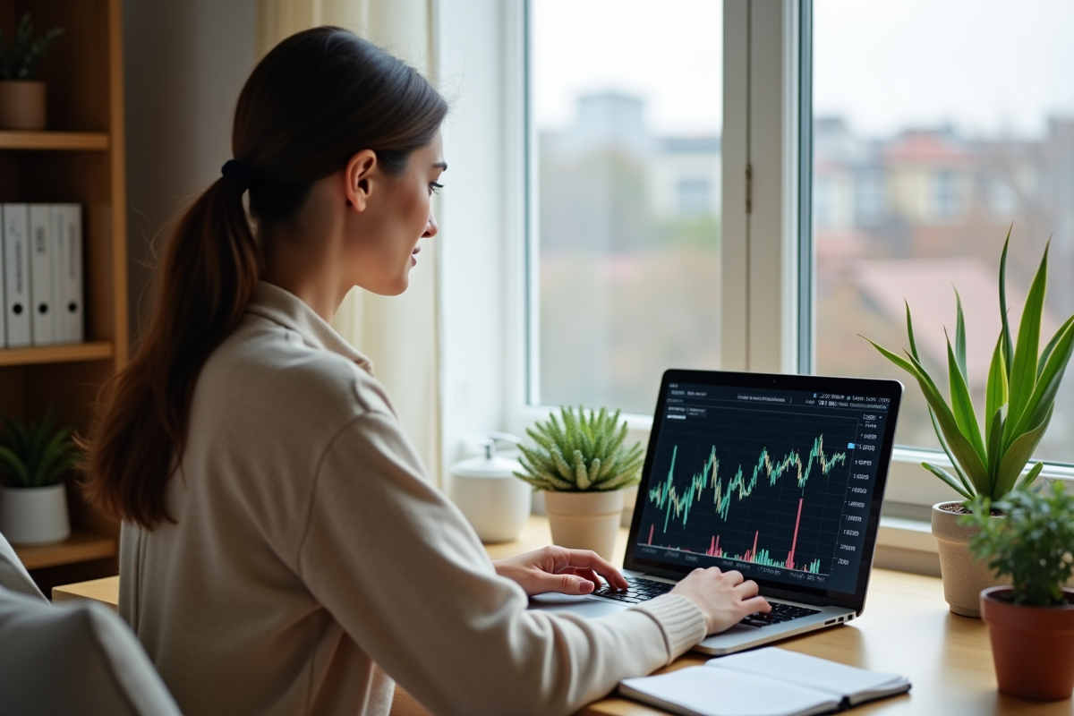 Jeune femme examine des graphiques financiers sur son ordinateur
