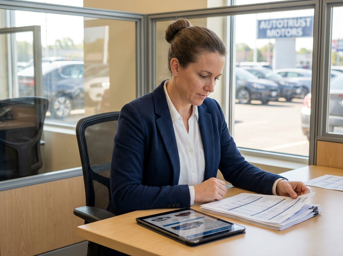 Femme consultant des documents de financement pour l'achat d'une voiture d'occasion en concession