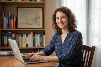 Femme francophone souriante au bureau &agrave; domicile